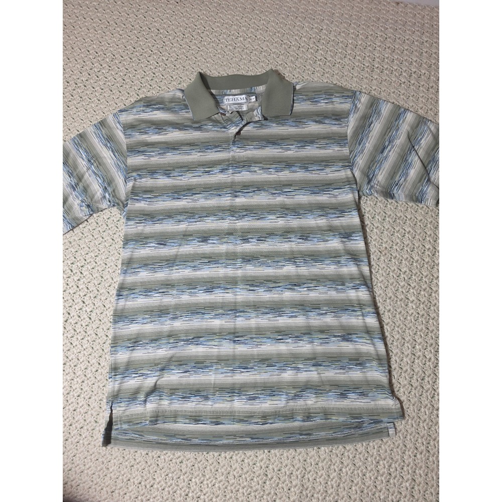 Tehama Polo Shirt Mens Medium Green Blue Pima Cotton Excellent Space Dye Stripe